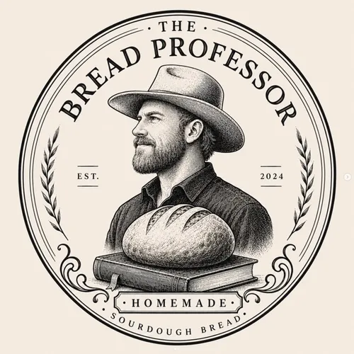 The Bread Professor crest: a baker in a hat behind a loaf resting on a book